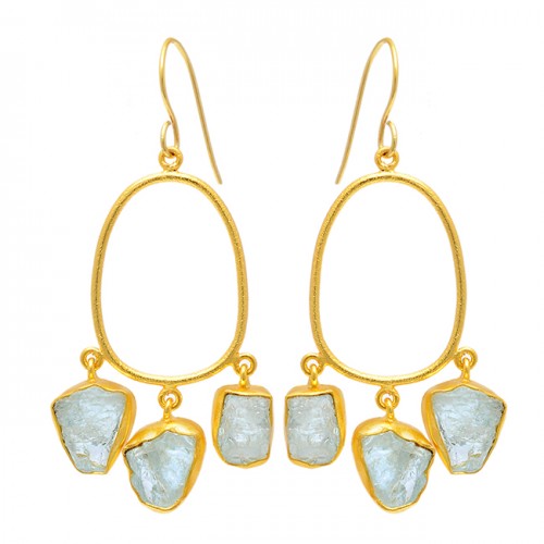 Aquamarine Rough Gemstone 925 Sterling Silver Gold Plated Dangle Earrings