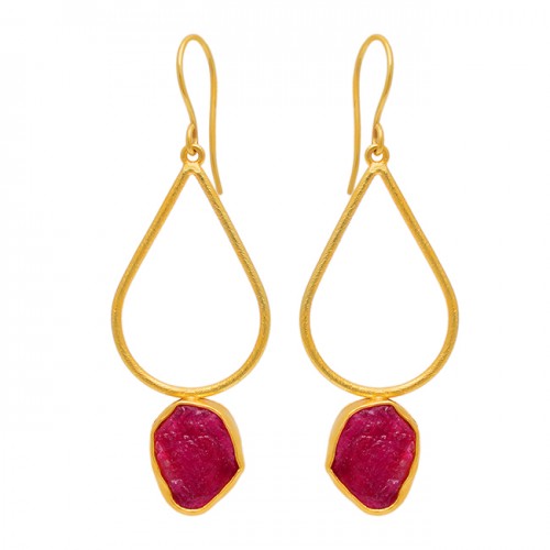 Ruby Rough Gemstone 925 Sterling Silver Gold Plated Dangle Earrings