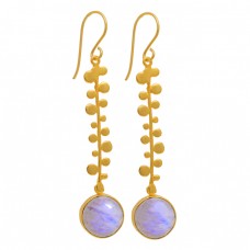 Round Shape Moonstone 925 Sterling Silver Gold Plated Dangle Earrings