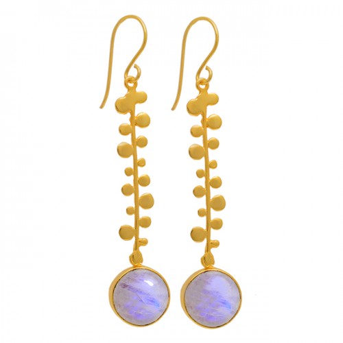 Round Shape Moonstone 925 Sterling Silver Gold Plated Dangle Earrings