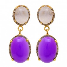 Rose Quartz Amethyst Gemstone 925 Sterling Silver Gold Plated Stud Earrings