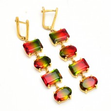 Rectangle Oval Shape Tourmaline Doublet Quartz Gemstone Gold Plated Earrings