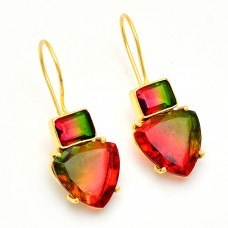 Triangle Rectangle Shape Tourmaline Doublet Quartz Gemstone Earrings