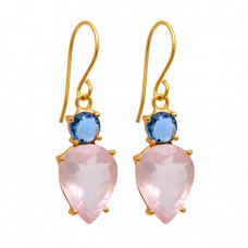 Blue Topaz Rose Quartz Gemstone 925 Sterling Silver Gold Plated Earrings