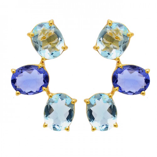 Blue Color Quartz Topaz Gemstone 925 Sterling Silver Gold Plated Stud Earrings