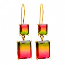 Rectangle Shape Tourmaline Doublet Quartz Gemstone Gold Plated Earrings