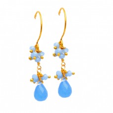 Handmade Chalcedony Pear Drops Roundel Gemstone Dangle Gold Plated Earrings