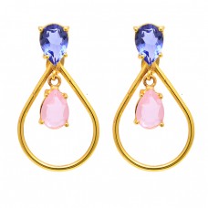 Rose Quartz Tanzanite Gemstone 925 Sterling Silver Gold Plated Stud Earrings