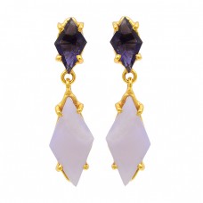 Blue Quartz Moonstone 925 Sterling Silver Gold Plated Dangle Earrings