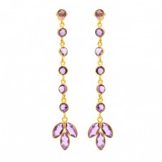 Round Marquise Shape Amethyst Gemstone 925 Silver Gold Plated Earrings : Price $15.50