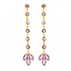 Round Marquise Shape Amethyst Gemstone 925 Silver Gold Plated Earrings