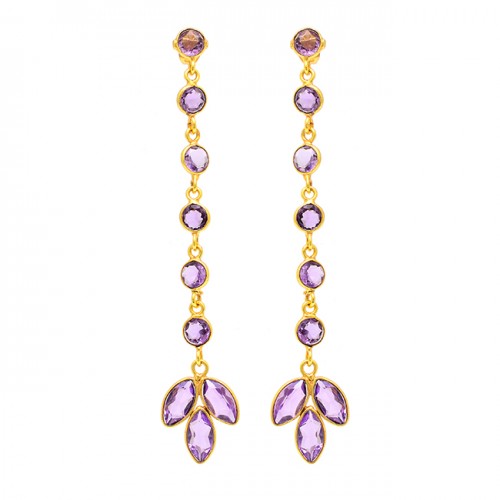 Round Marquise Shape Amethyst Gemstone 925 Silver Gold Plated Earrings