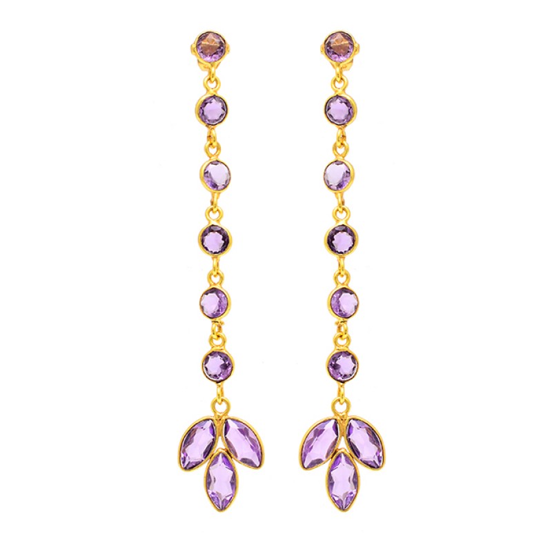 
									Round Marquise Shape Amethyst Gemstone 925 Silver Gold Plated Earrings