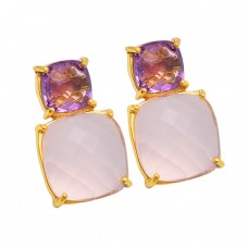 Amethyst Rose Chalcedony Gemstone 925 Sterling Silver Gold Plated Stud Earrings