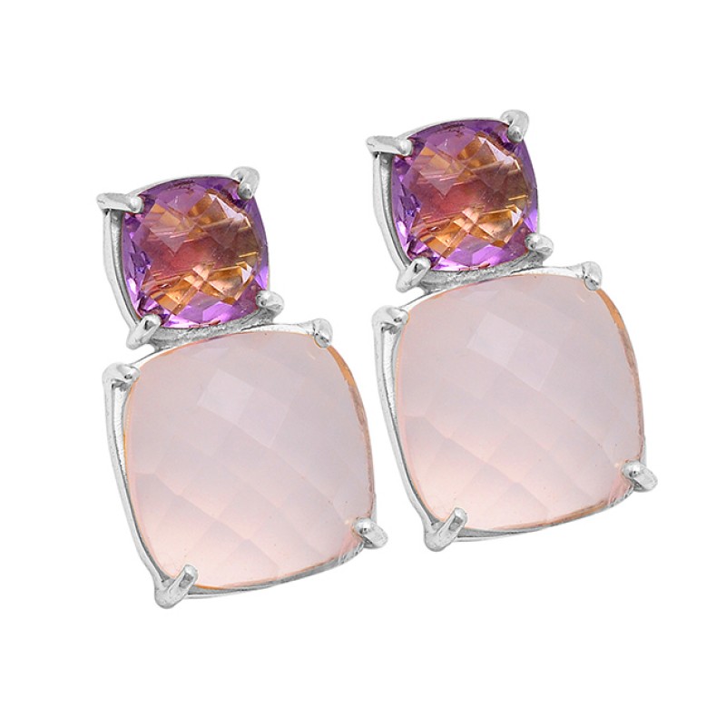 Amethyst Rose Chalcedony Gemstone 925 Sterling Silver Gold Plated Stud Earrings