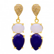 Lapis Lazuli Moonstone 925 Sterling Silver Gold Plated Stud Dangle Earrings