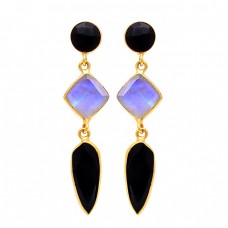 Black Onyx Moonstone 925 Sterling Silver Gold Plated Stud Dangle Earrings