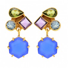 Peridot Amethyst Chalcedony Topaz Gemstone 925 Silver Gold Plated Earrings