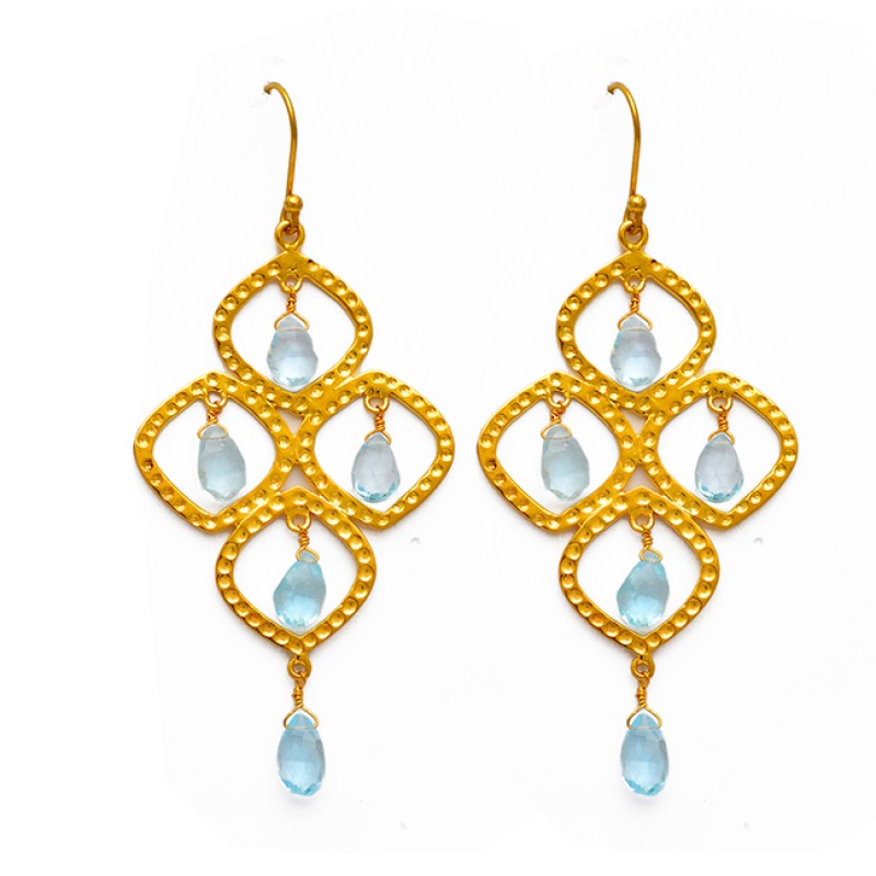 Blue Topaz Pear Drops Gemstone Dangle 925 Sterling Silver Gold Plated Earrings Jewelry