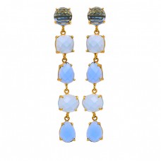 Blue Topaz Moonstone 925 Sterling Silver Gold Plated Stud Dangle Earrings