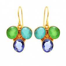 Tanzanite Chalcedony Gemstone Gold Plated 925 Sterling Silver Earrings