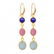 Sapphire Ruby Aquamarine Gemstone Gold Plated 925 Silver Dangle Earrings