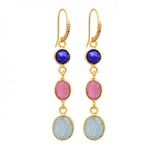 Sapphire Ruby Aquamarine Gemstone Gold Plated 925 Silver Dangle Earrings