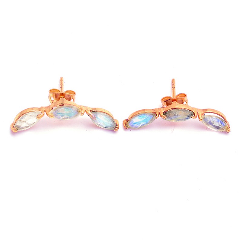 Rainbow Moonstone Marquise Shape Gemstone 925 Silver Gold Plated Earrings
