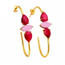 Ruby Rose Chalcedony Gemstone 925 Sterling Silver Gold Plated Hoop Earrings