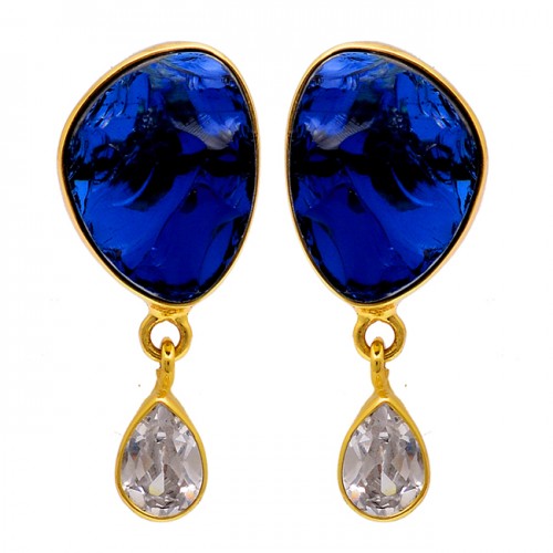 Blue Quartz Crystal Gemstone 925 Sterling Silver Gold Plated Stud Earrings