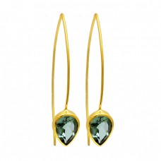 Green Amehtyst Pear Shape Gemstone 925 Silver Gold Plated Hoop Earrings