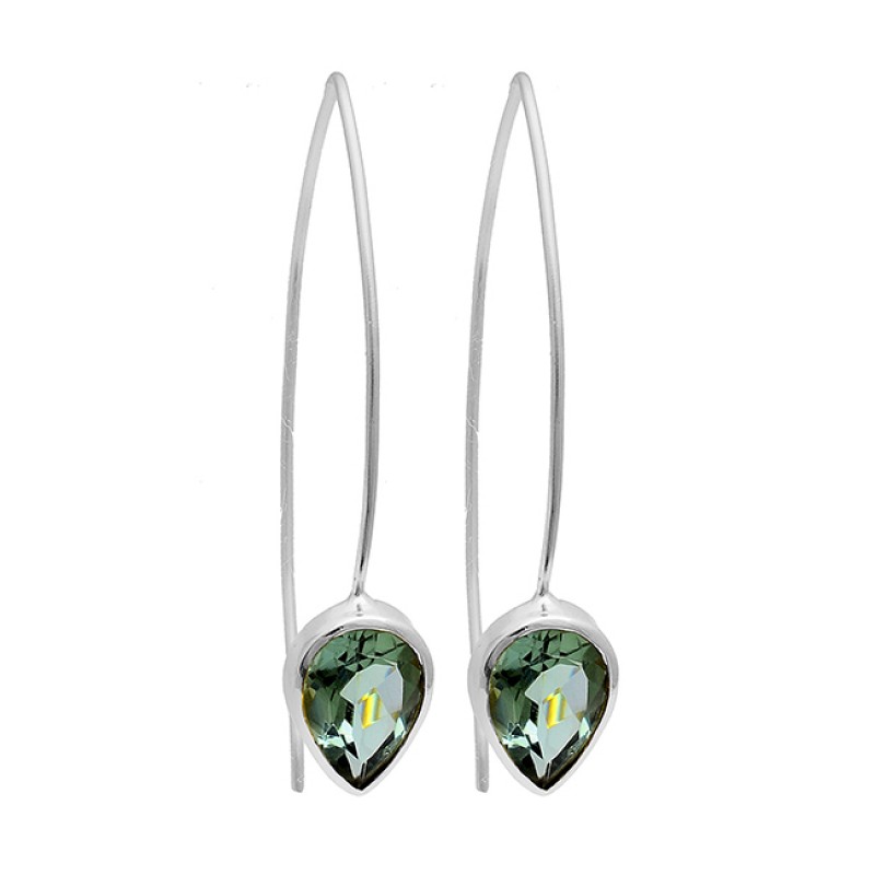 Green Amehtyst Pear Shape Gemstone 925 Silver Gold Plated Hoop Earrings