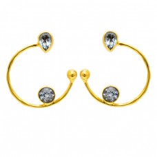 Pear Round Shape Blue Topaz Gemstone 925 Silver Gold Plated Hoop Earrings