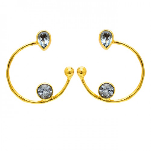 Pear Round Shape Blue Topaz Gemstone 925 Silver Gold Plated Hoop Earrings