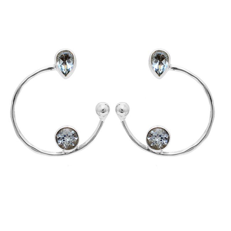Pear Round Shape Blue Topaz Gemstone 925 Silver Gold Plated Hoop Earrings