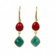 Ruby Emerald Gemstone 925 Sterling Silver Gold Plated Dangle Earrings