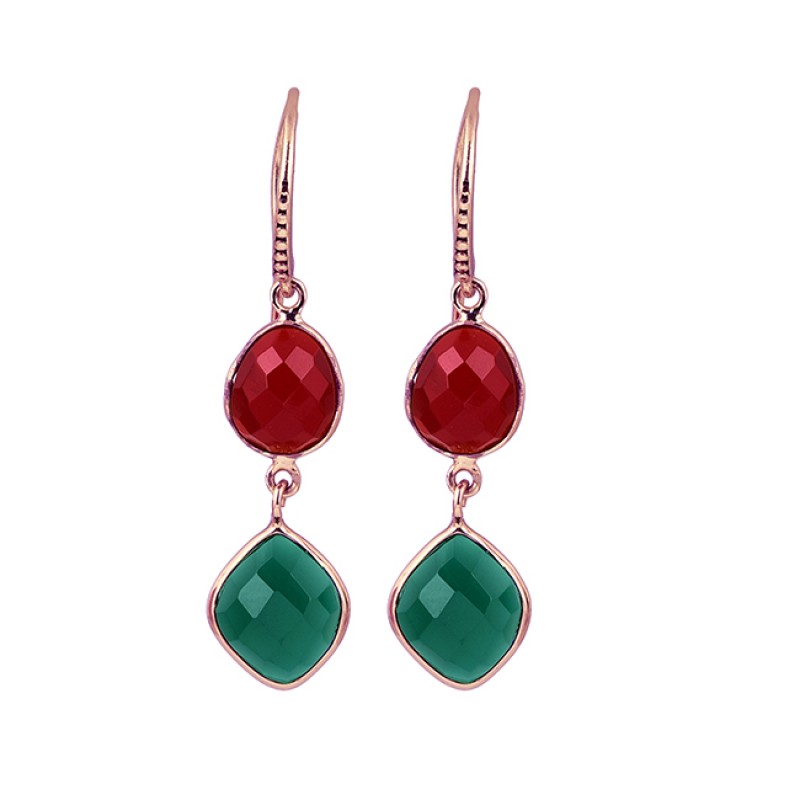 Ruby Emerald Gemstone 925 Sterling Silver Gold Plated Dangle Earrings