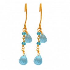 Dangling Pear Drops Roundel Beads Blue Topaz Gemstone Gold Plated Earrings