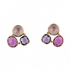 Chalcedony Amethyst Tourmaline Quartz Gemstone Gold Plated Stud Earrings