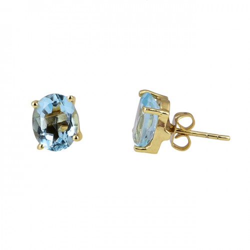 Blue Topaz Oval Shape Gemstone 925 Sterling Silver Gold Plated Stud Earrings