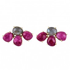 Labradorite Ruby Gemstone 925 Sterling Silver Gold Plated Stud Earrings