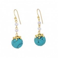 Turquoise Rainbow Moonstone 925 Sterling Silver Gold Plated Dangle Earrings