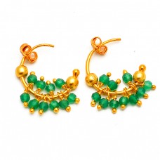 Roundel Beads Green Onyx Gemstone 925 Sterling Silver Gold Plated Hoop Earrings 