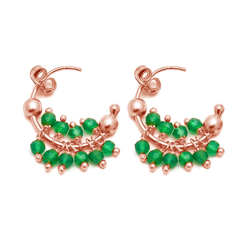Roundel Beads Green Onyx Gemstone 925 Sterling Silver Gold Plated Hoop Earrings 