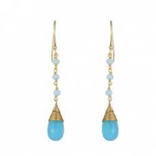 Aqua Chalcedony Pear Round Sahpe Gemstone 925 Silver Gold Plated Earrings