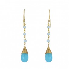 Aqua Chalcedony Pear Round Sahpe Gemstone 925 Silver Gold Plated Earrings