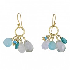 Roundel Beads Pear Drops Shape Gemstone 925 Silver Gold Plated Earrings