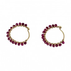 Roundel Beads Shape Ruby Gemstone 925 Sterling Silver Gold Plated Hoop Earrings 