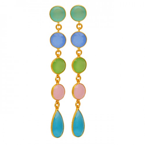 Handcrafted Bezel Setting Aqua Blue Prehnite Rose Color Chalcedony Gemstone 925 Sterling Silver Gold Plated Earrings 