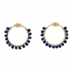 Roundel Beads Shape Sapphire Gemstone 925 Silver Gold Plated Hoop Earrings